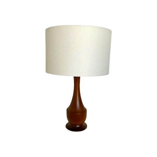 Vintage Timber Table Lamp with Sculptural Base and New Linen Shade, Teak-Coloured Polish