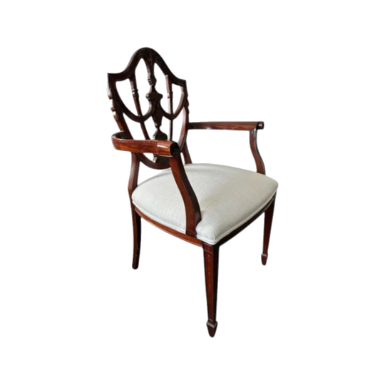 English Sheraton/Hepplewhite Shield-Back Carver Chair – Original Condition, French-Polished Frame, Westbury Textiles Upholstery