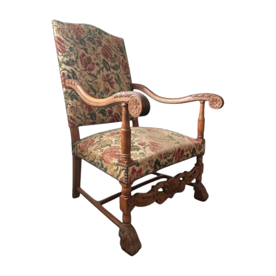 Vintage Hand-Carved Oak Throne Armchair with Original Tapestry Upholstery and Paw Feet