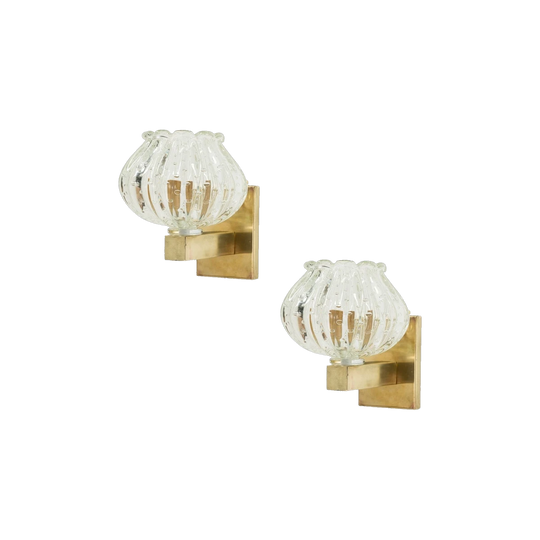 Pair of Murano Bullicante Tulip-Form Wall Sconces, Clear Glass on Polished Brass, Italian Modern