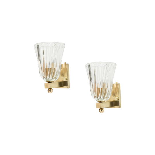 Pair of Clear Murano Glass Wall Sconces with Ribbed Bowl Shades on Brass, Italy, Modern