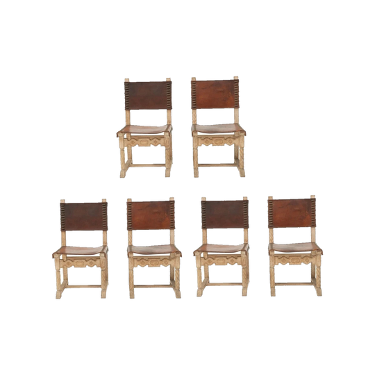 Set of 6 Mid-Century Spanish Baroque-Style Dining Chairs in Cerused Oak and Mahogany Leather with Brass Studding, Spain c.1950