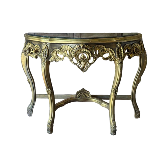 Vintage French Rococo Revival Gilt Console Table with Shaped Green Marble Top, c. 1920–1940