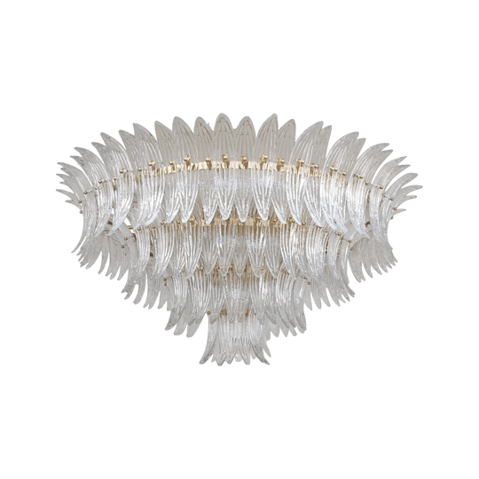 Murano Palmette Chandelier, Clear Glass Leaves on Brass Frame, Made in Italy