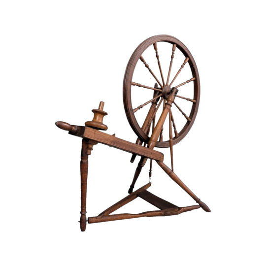 Antique Saxony Timber Spinning Wheel, Mid to Late Nineteenth Century, Treadle-Operated with Original Flyer and Bobbin