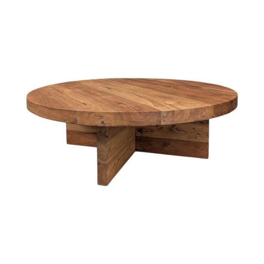 Architectural Solid Elm Coffee Table – Round Pedestal Form