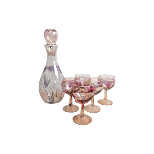Mid-Century French Art Glass Decanter with Five Glasses, Translucent Pink — France Stamps; Decanter Labelled Hand-Painted in Israel (Set of 6)