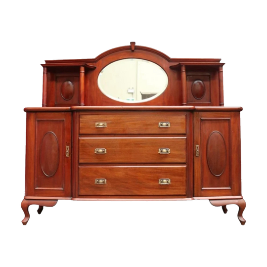 Australian Cedar Victorian Mirror-Back Breakfront Sideboard with Oval Bevelled Mirror and Cupboards, c. 1930