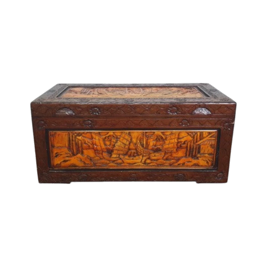 Large Hand-Carved Camphor Chest with Boat Motif Relief Panels