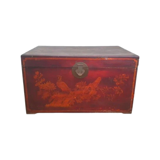 Antique Chinese Red Lacquer Storage Chest with Hand-Painted Bird and Floral Motifs, Brass Moon Clasp