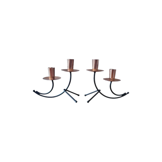 Mid-Century Atomic-Style Black Lacquered Metal and Copper Candle Holders (Pair), c.1960s–1970s