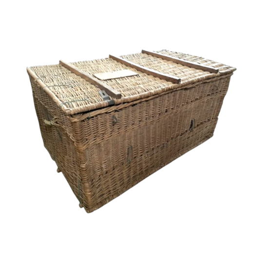 Large Wicker cane costume basket with timber plaque 26 Ballets de Paris, Roland Petit.