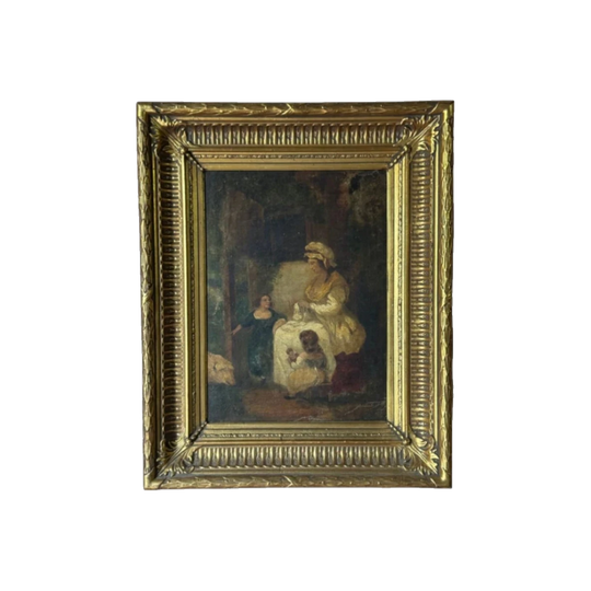 19th-Century European Oil on Canvas Genre Painting, Domestic Scene with Woman and Two Children, Original Gilt Composition Frame, c.1850–1880