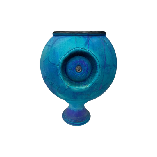 Vintage Viridescent Sculptural Ceramic Vase with Glazed Rim and Eye-Like Textured Front