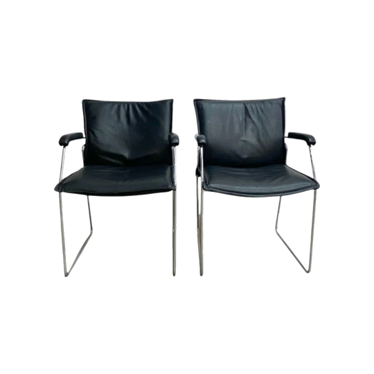 Pair of Mid-Century Italian Chrome and Black Leather Carver Chairs, c. 1970s