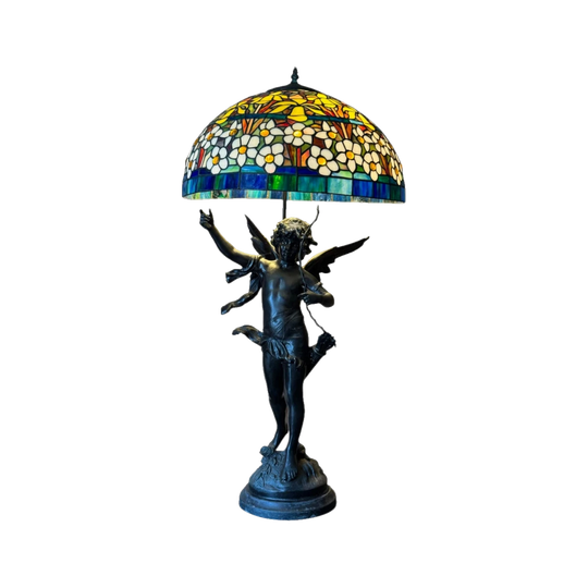 French Cast Metal Cupid Figural Lamp After G. Moreau with Tiffany-Style Leaded Stained Glass Shade, Mid-20th Century