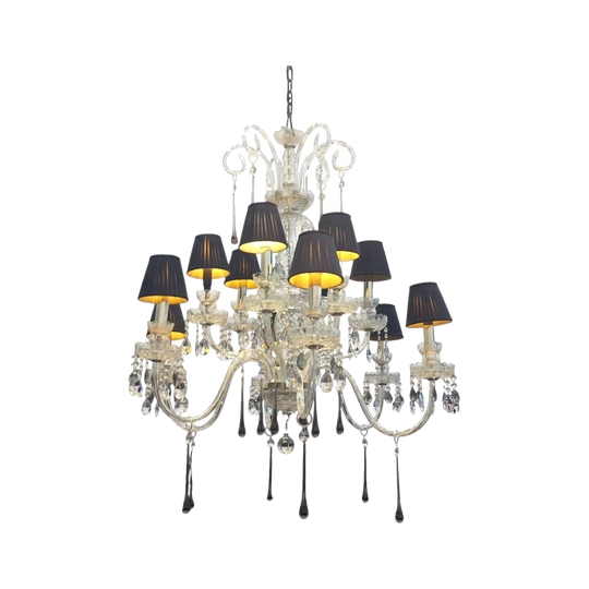 Glass Chandelier with ornate branches, smokey feature drops and black lamp shades