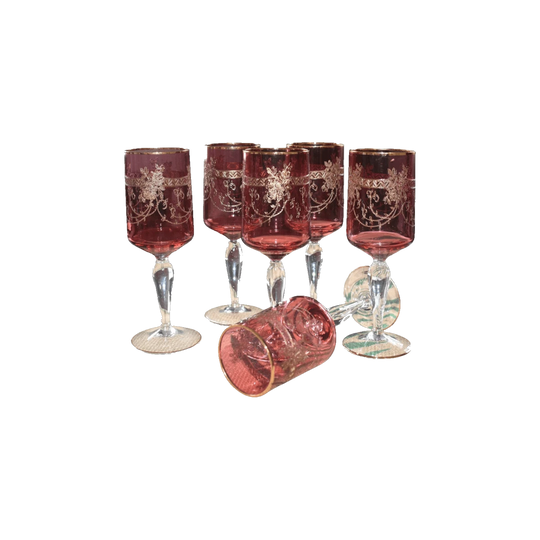 Antique Moser Bohemian cranberry glass cordial or wine glasses. Set of 6