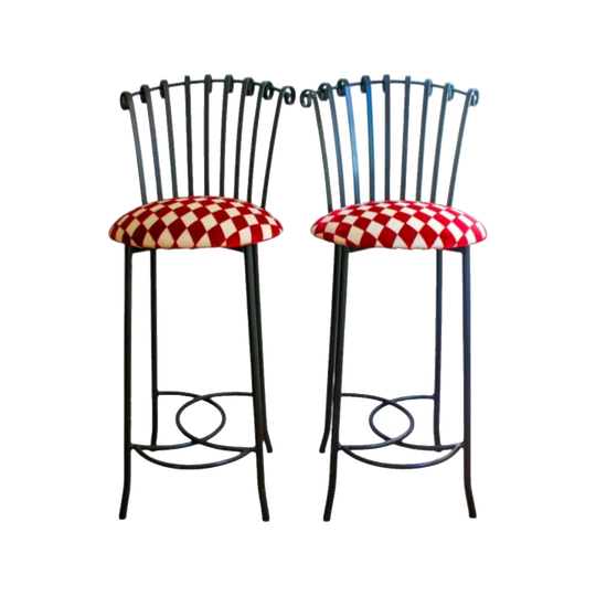 Pair of Wrought Iron Bar Kitchen Stools Newly Upholstered Gothic Inspired Vintage