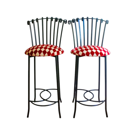 Pair of Wrought Iron Bar Kitchen Stools Newly Upholstered Gothic Inspired Vintage