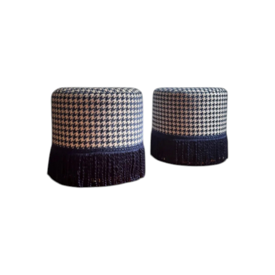 Pair of Re-Upholstered Drum Ottomans with Fringe / Side Tables / Poufs Houndstooth with Brass Base