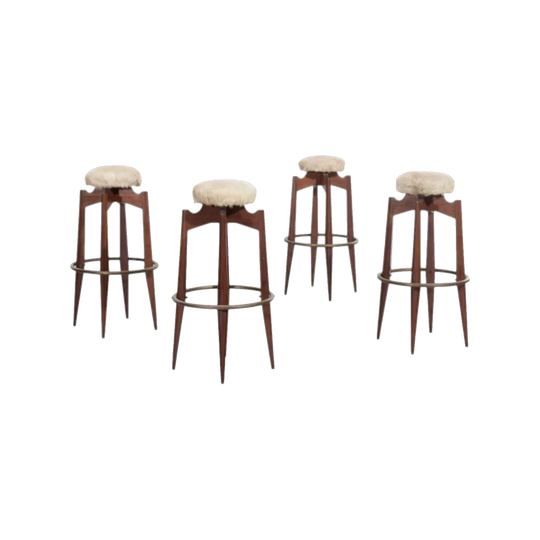 Set of 4 Bar Stools, Pier Luigi Colli, 1960s, Wood, Brass and Lambs Wool