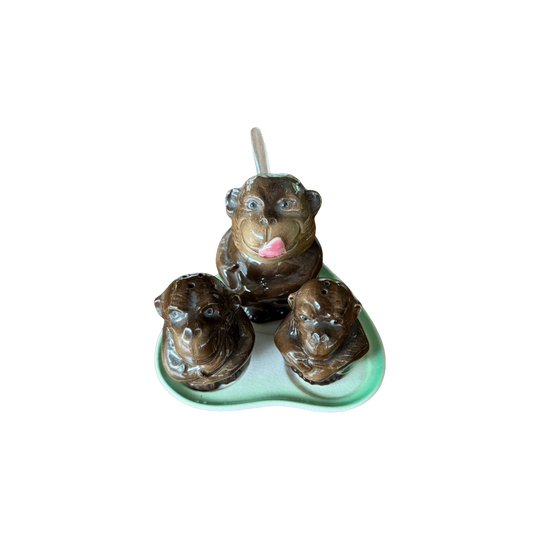 Mid-Century W. Goebel Chimpanzee Condiment Set, 1956 – Salt, Pepper & Mustard with Original Spoon and Plate