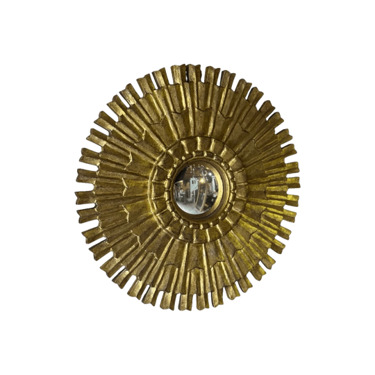 Iberian Tiered Carved Timber Gilt Sunburst Convex Mirror, 63 cm Diameter