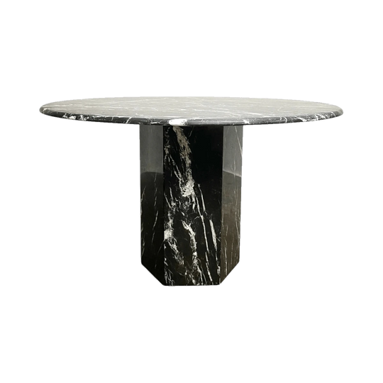 Postmodern Italian Nero Marquina Round Marble Dining Table with Hexagonal Base, c. 1980s
