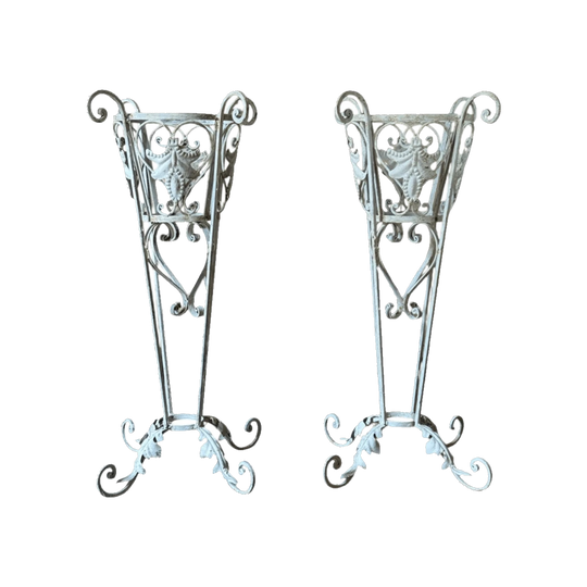 Pair of Vintage Wrought Iron Jardinière Stands with Scrollwork, Mid to Late 20th Century