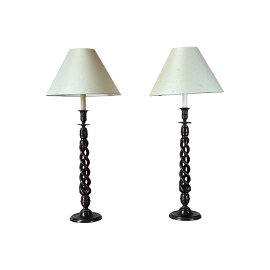 Pair of Vintage Belgian Barley Twist Timber Table Lamps by Jadco, Late 20th Century