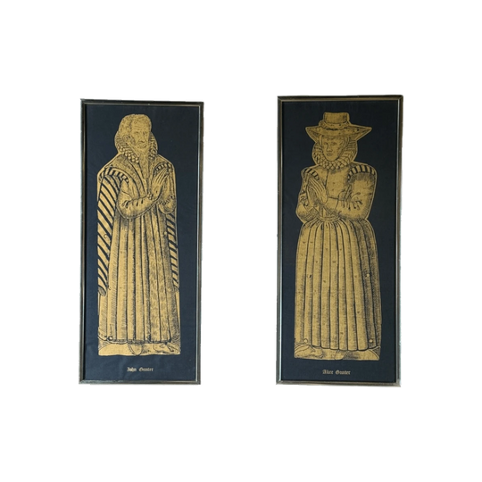 Pair of Vintage Tudor-Style Portrait Prints, John and Alice Gunter, Gold on Black with Metallic Frames