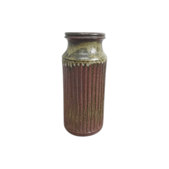 Mid-20th Century New Zealand Studio Pottery Vase – Cylindrical Fluted Form with Drip-Glazed Neck