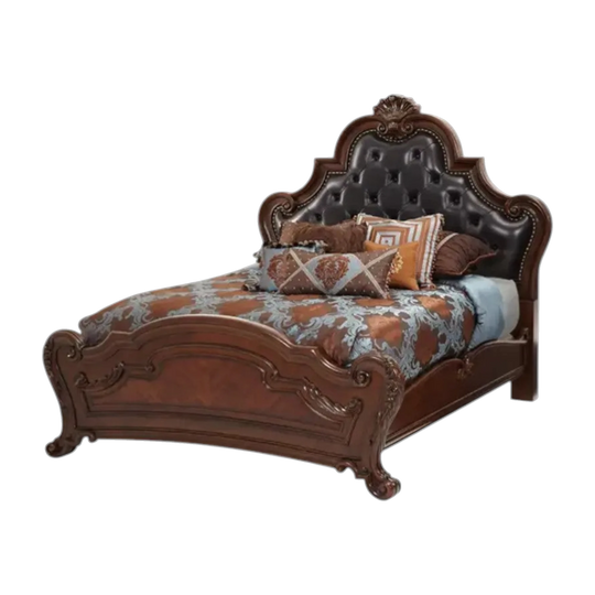 Tuscan style, Luxury Classic King Bedroom Suite, Ornate Solid Wood, Marble & Tufted Leather
