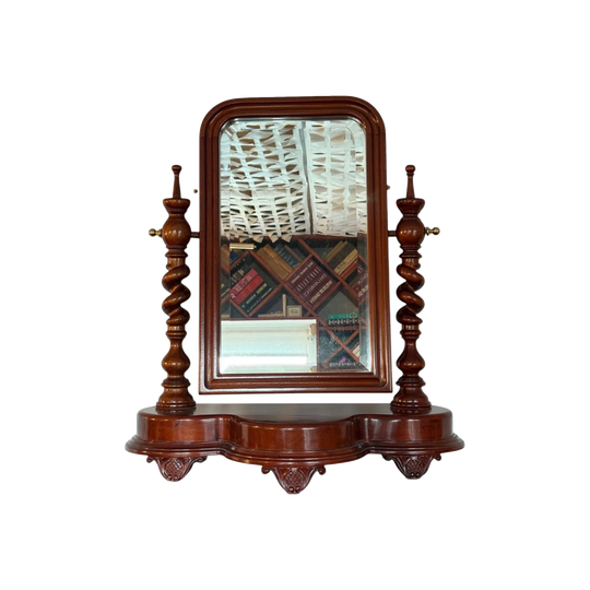 Antique Victorian Mahogany Tabletop Swing Mirror with Carved Supports and Shaped Base