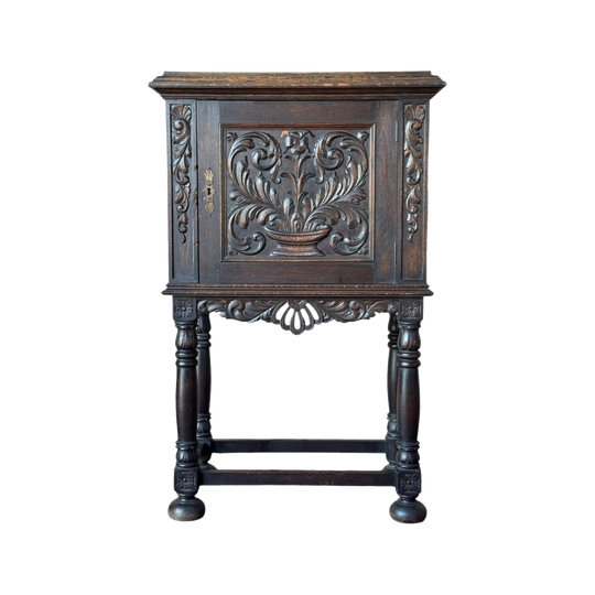 Antique Danish Carved Oak Upright Side Cabinet on Turned Legs with Stretcher Base, Early 20th Century