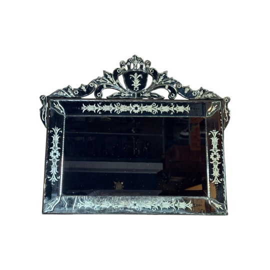 Vintage Venetian-Style Mirror with Etched Floral Details, Bevelled Panels and Ornate Crest