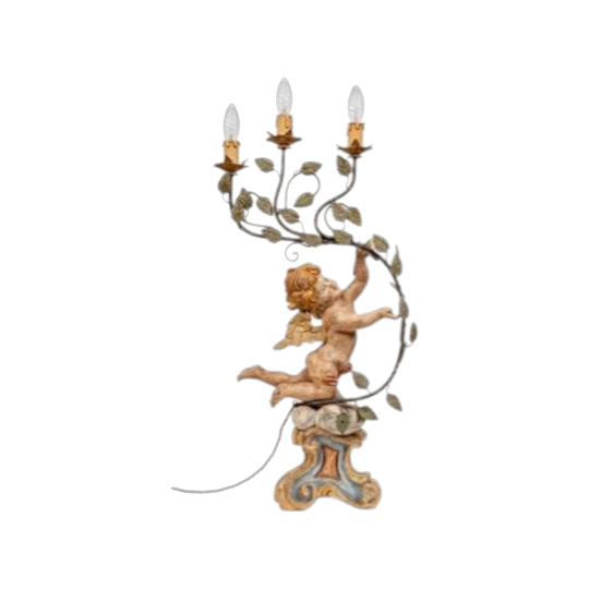 Italian carved wood and wrought iron painted lamp