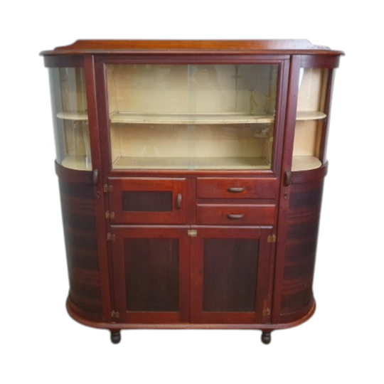 1930s–1940s Art Deco Demilune Kitchen Dresser with Glass-Fronted Display Cabinets