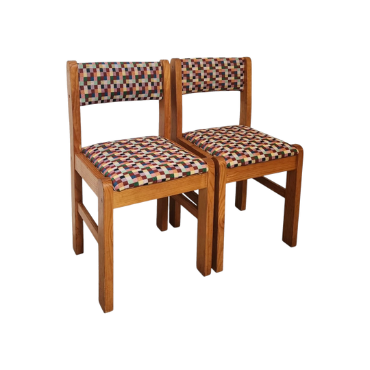 Pair of Upcycled Vintage Pine Dining Chairs with Multicolour Checkered Upholstery