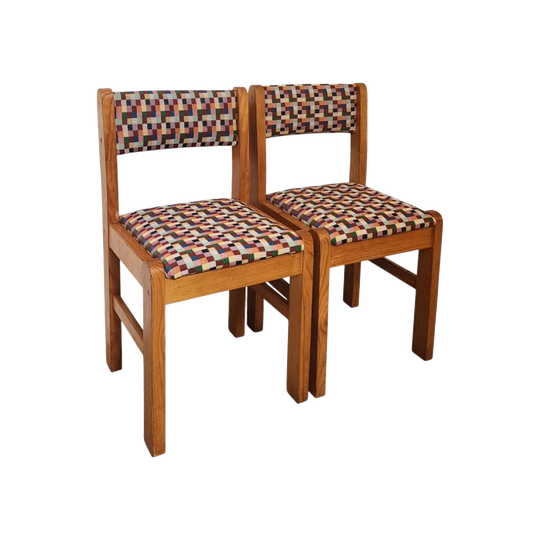 Pair of Upcycled Vintage Pine Dining Chairs with Multicolour Checkered Upholstery