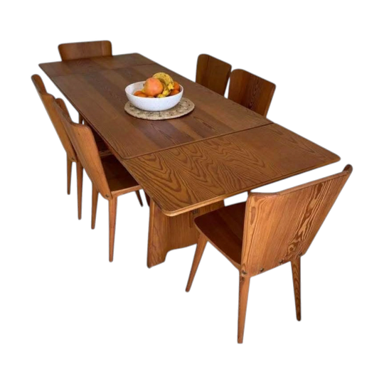 Göran Malmvall Nordic Pine Dining Suite with Six Model 510 Chairs and Original Extension Leaves (1950s), Imported from Swedish Summer House