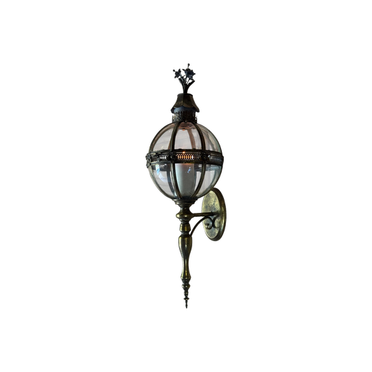 Antiqued Brass‑Tone Metal and Clear Glass Segmented Globe Wall Lantern, Neoclassical Influence