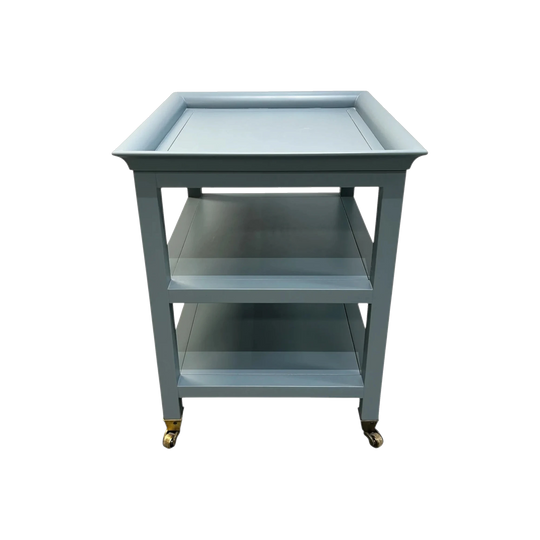 Australian Handcrafted Three‑Tier Side Table in Muted Blue with Antique Brass Caster Wheels