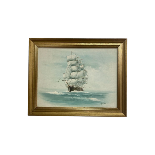 Framed Mid-Century Tall Ship Painting, Acrylic on Board, Signed 'Jackson' – Gold Frame