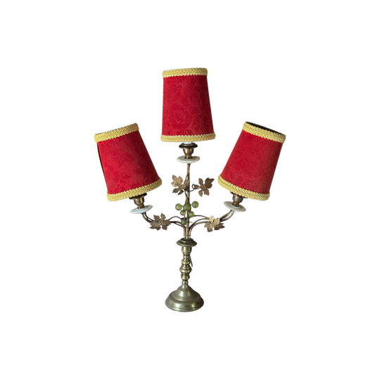 Vintage French Tôle Three-Arm Table Lamp with Grapevine Motif and Red Velvet Shades