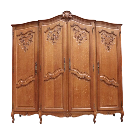 Antique French Oak Four-Door Armoire Wardrobe / Linen Press, c.1890