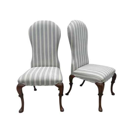 Pair of Vintage Queen Anne–Style Side Chairs in Walnut with Original Blue-and-Cream Ticking Upholstery
