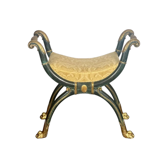 Vintage Italian Empire Revival Ebonised Curule X-Frame Stool, Parcel-Gilt, Egyptian Manner