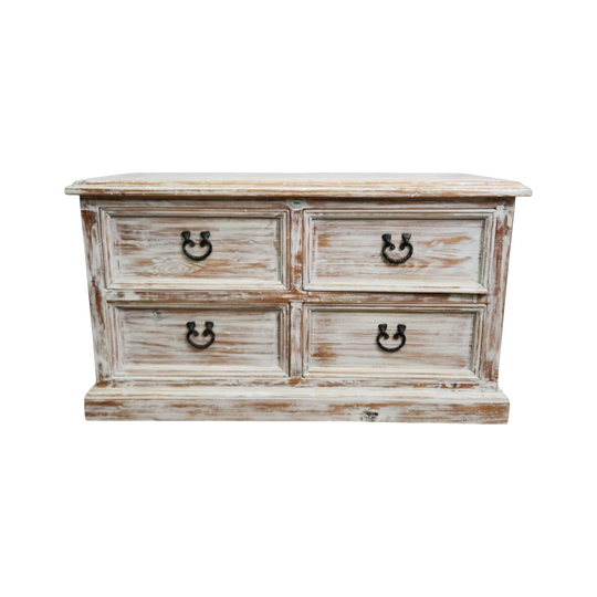 Shabby Chic Hand-Painted Solid Pine 4-Drawer Chest of Drawers in Pure White Annie Sloan Chalk Paint, Distressed Finish